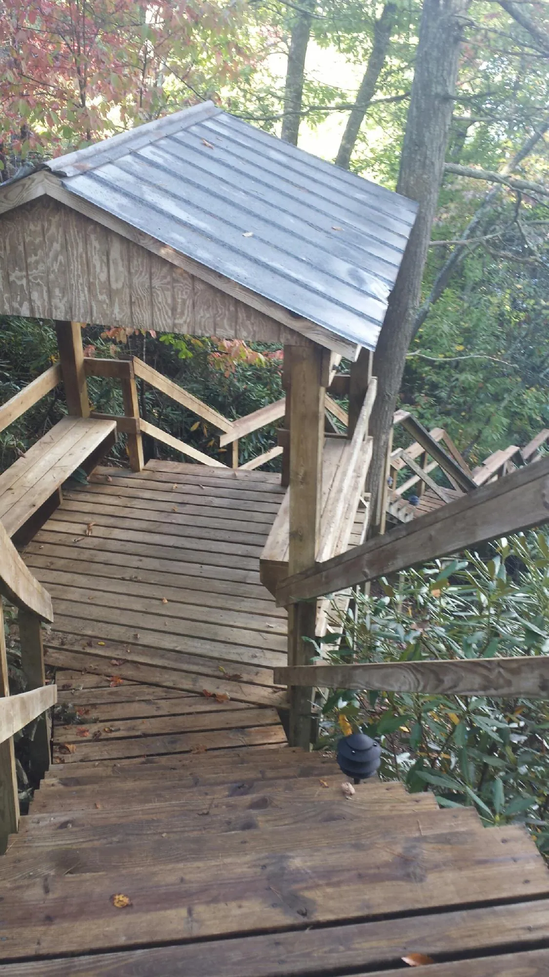 Metal roofed shelter over wooden steps on a wooded walkway — Skylight Repair & Installation work by our crew in Duncombe
